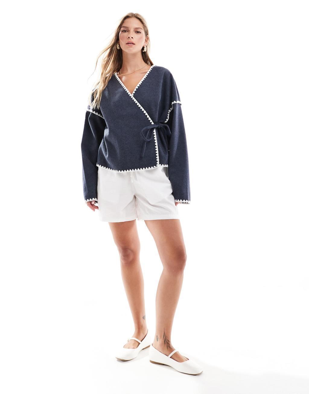 Vila wrap front cardigan with contrast stitch in Navy Product Image