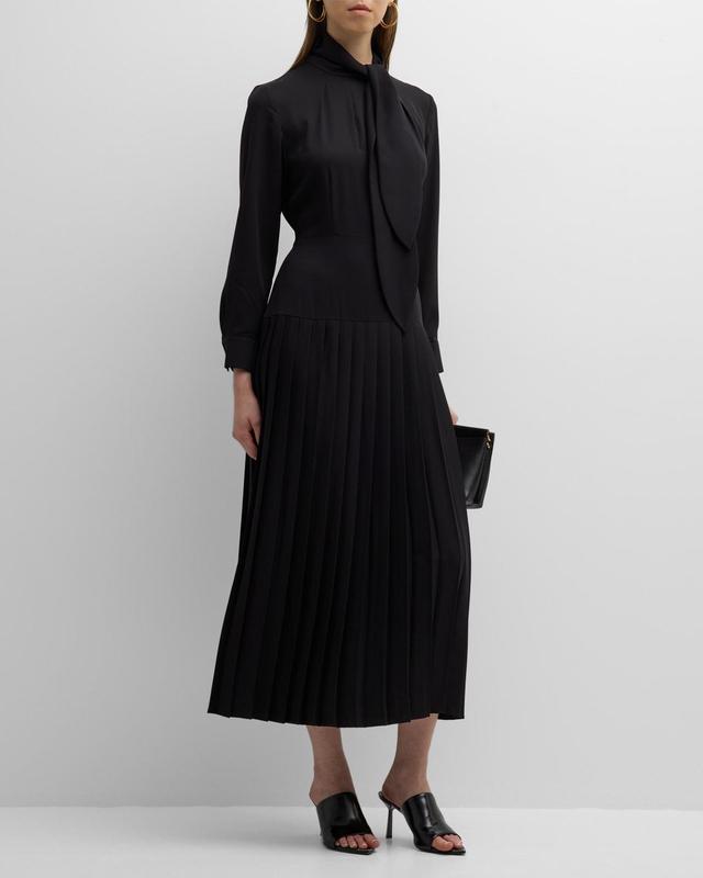 Misook Tie Neck Long Sleeve Pleated Maxi Dress Product Image