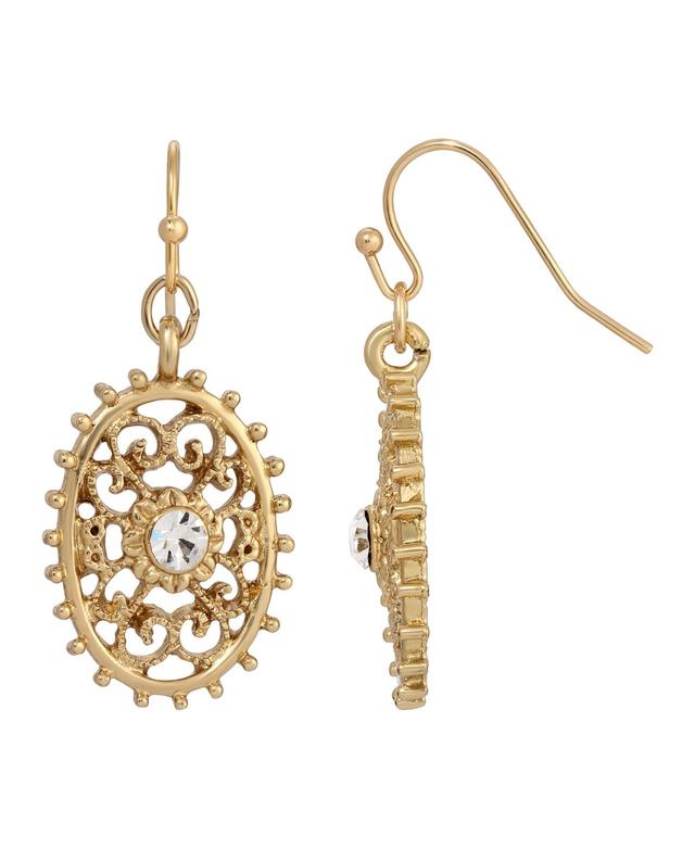 1928 Gold Tone Simulated Crystal Filigree Oval with Beaded Edge Dangle Earrings, Womens, White Product Image