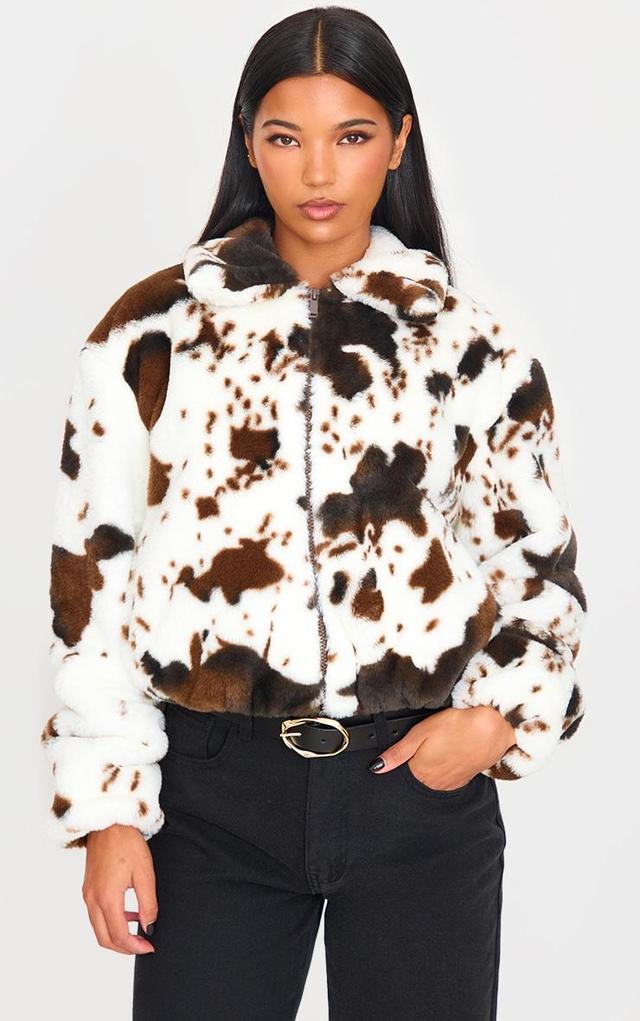 White Faux Fur Cow Print Zip Jacket Product Image