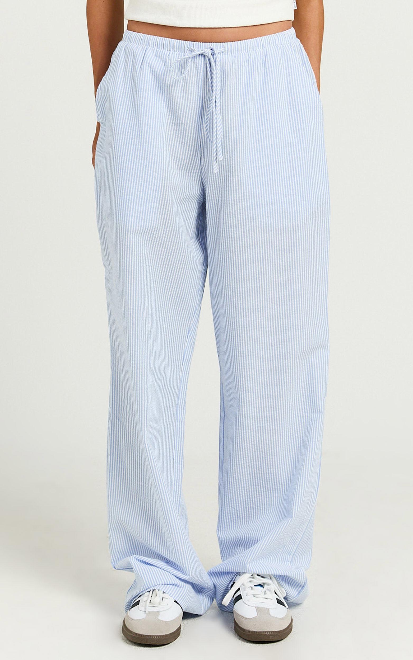 Harlo Pants - Mid Waisted Relaxed Leg Stripe Pants in Blue/ White Product Image