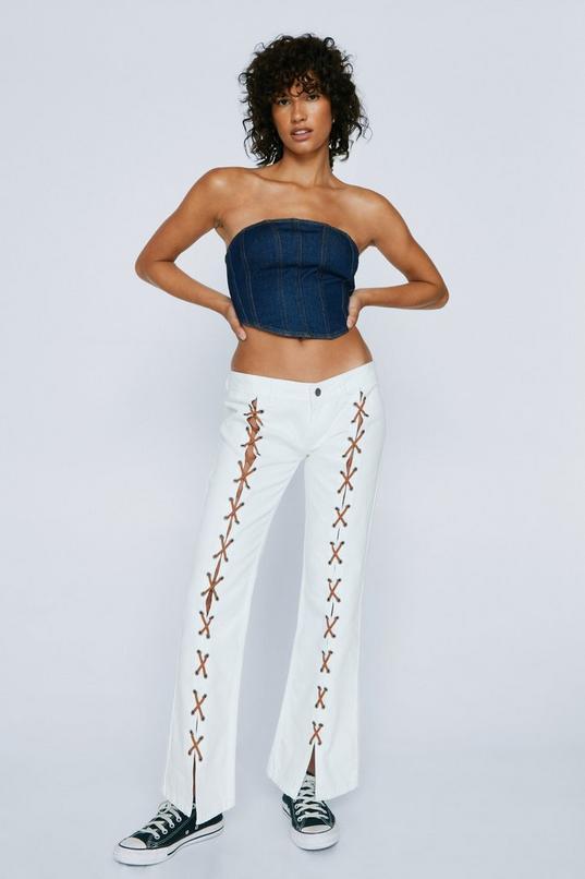 Petite Lattice Split Front Flared Denim Jeans Product Image