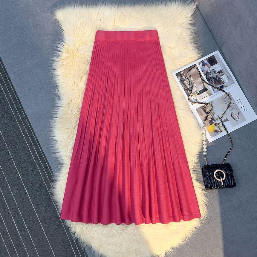 High Waist Plain Pleated Knit Midi A-Line Skirt Product Image