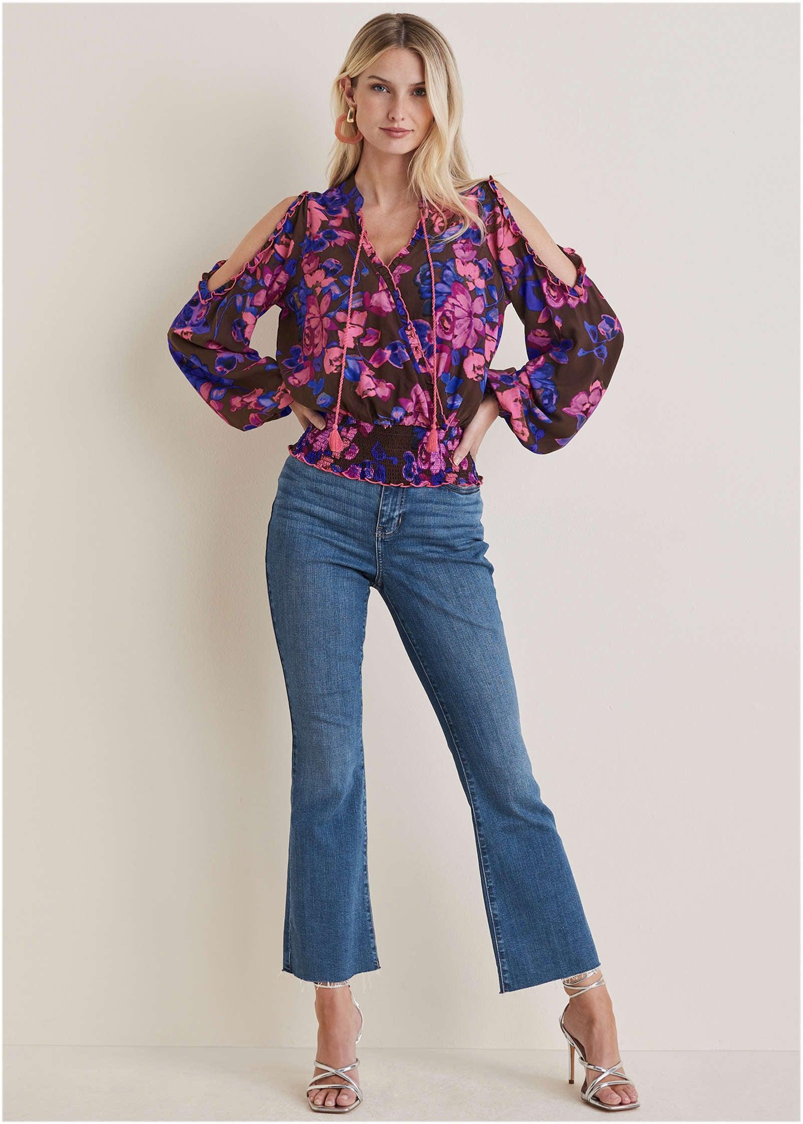 Ruffle Cold Shoulder Blouse - Electric Bouquet Product Image