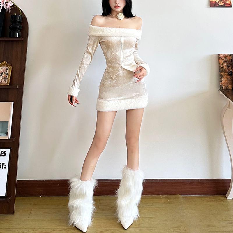 Long Sleeve Off-Shoulder Furry-Trim Zip-Up Slim-Fit Top / Low Rise Mini Pencil Skirt Product Image