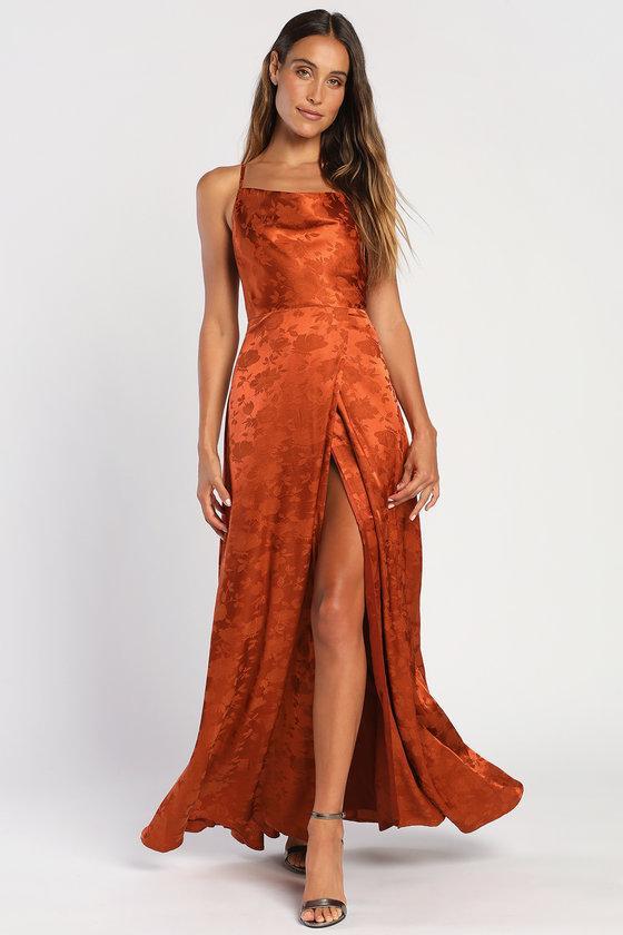 Simply Dreamy Rust Orange Satin Floral Jacquard Maxi Dress product image