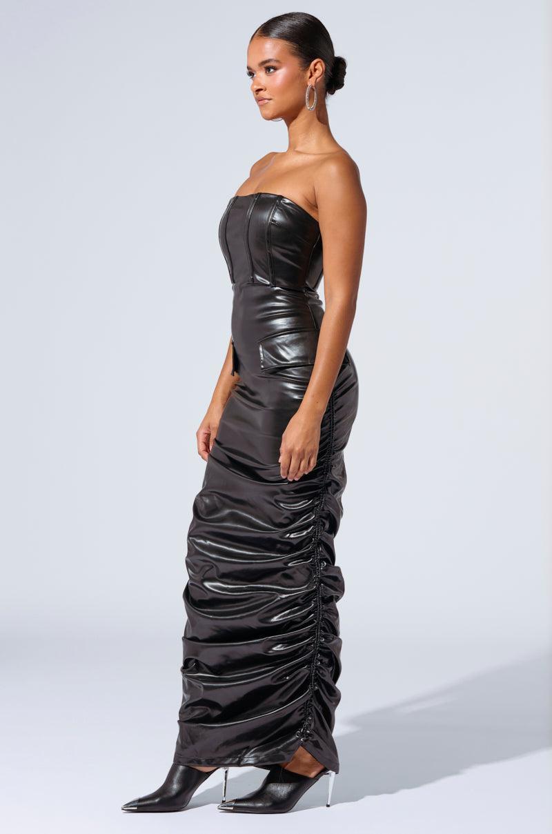 ASH STRAPLESS CARGO MAXI DRESS IN BLACK PU Product Image