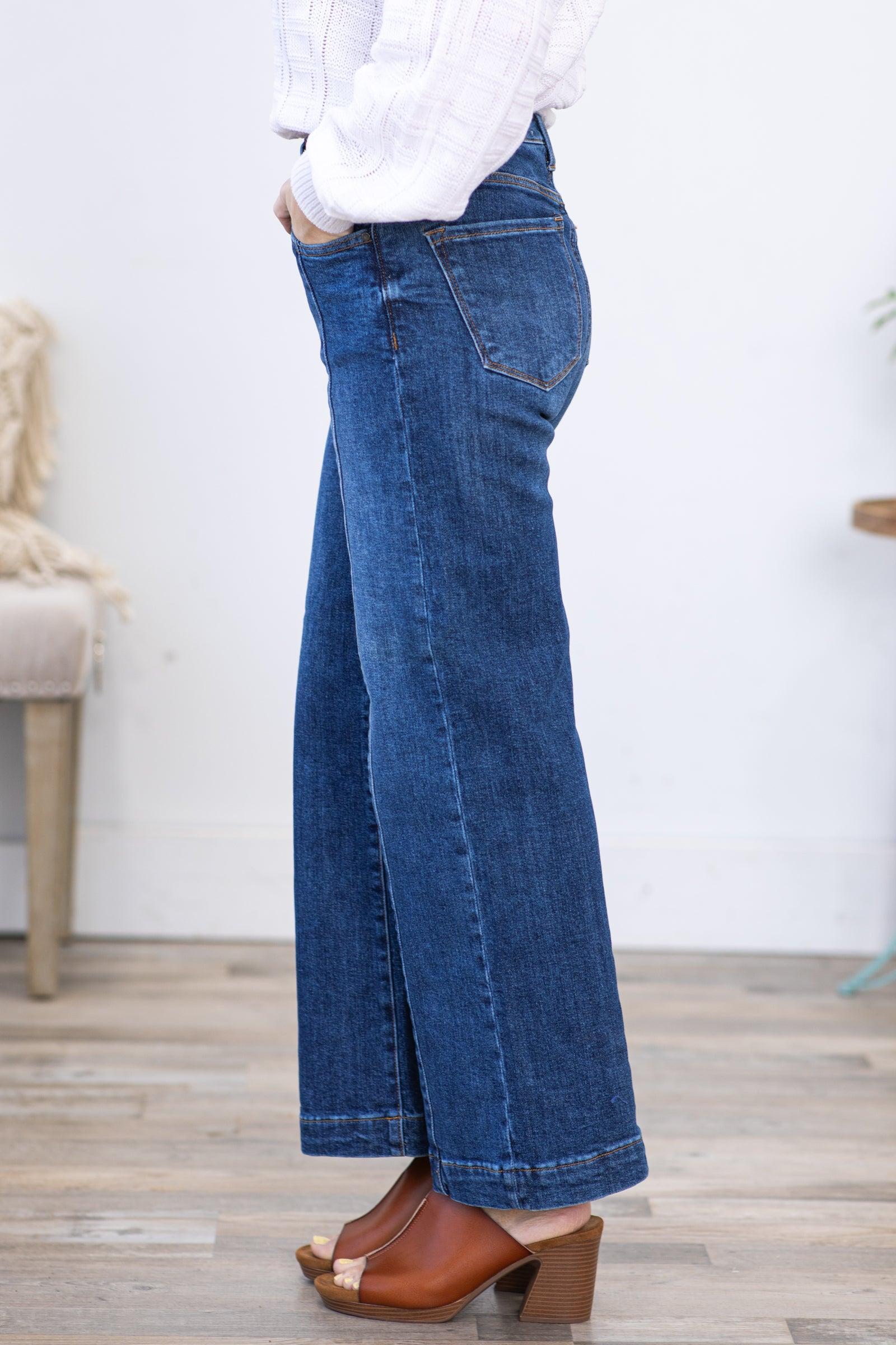 Risen Dark Wash High Rise Wide Leg Ankle Jeans Product Image