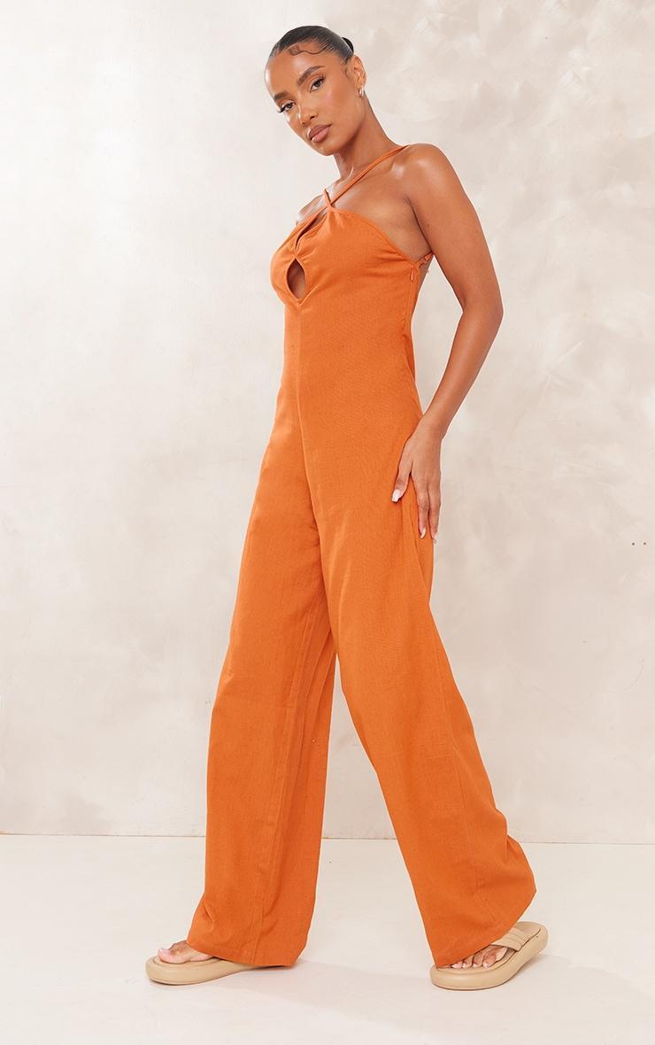 Rust Linen Look Oversized Cross Neck Wide Leg Jumpsuit Product Image