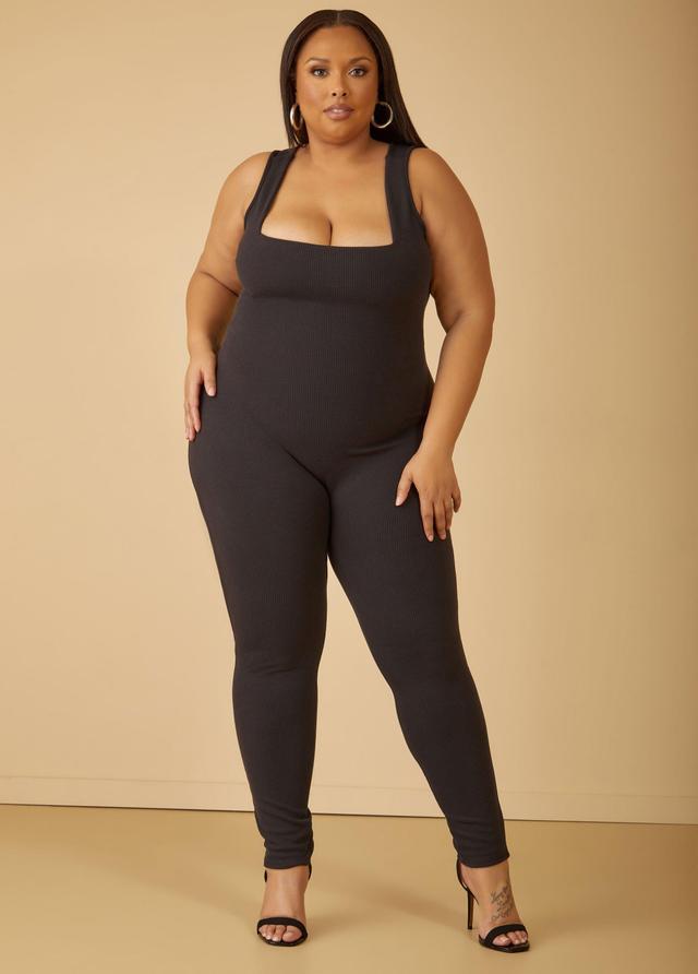 Plus Size Ribbed Square Neck Catsuit Ashley Stewart Product Image