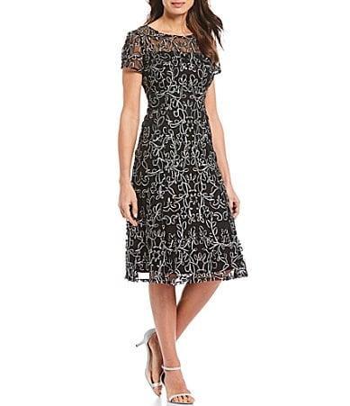 Ignite Evenings Embroidered Soutache Floral Lace Illusion Round Neck Short Sleeve Midi Dress Product Image