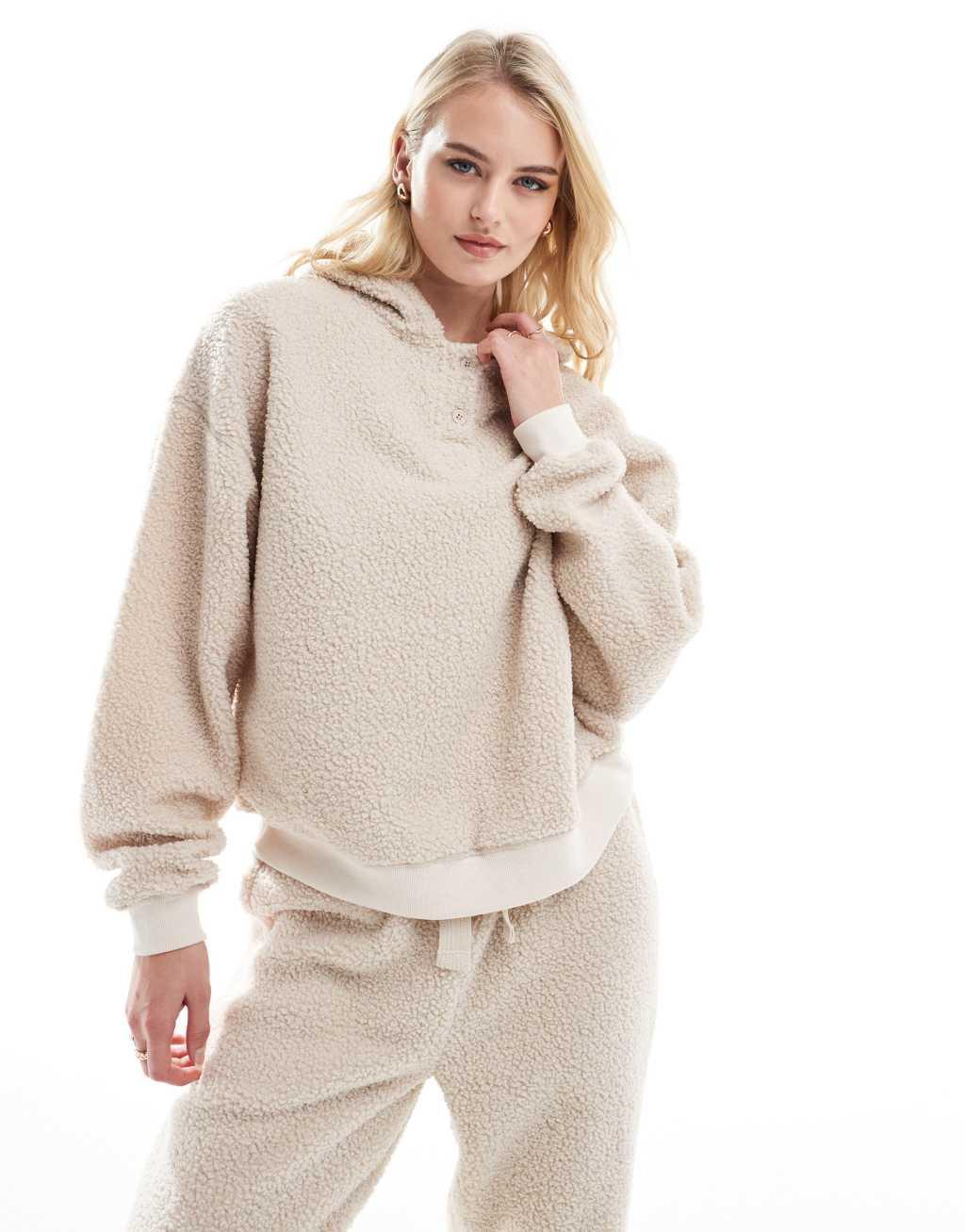 ASOS DESIGN Tall lounge borg oversized hoodie & sweatpants set in cream Product Image