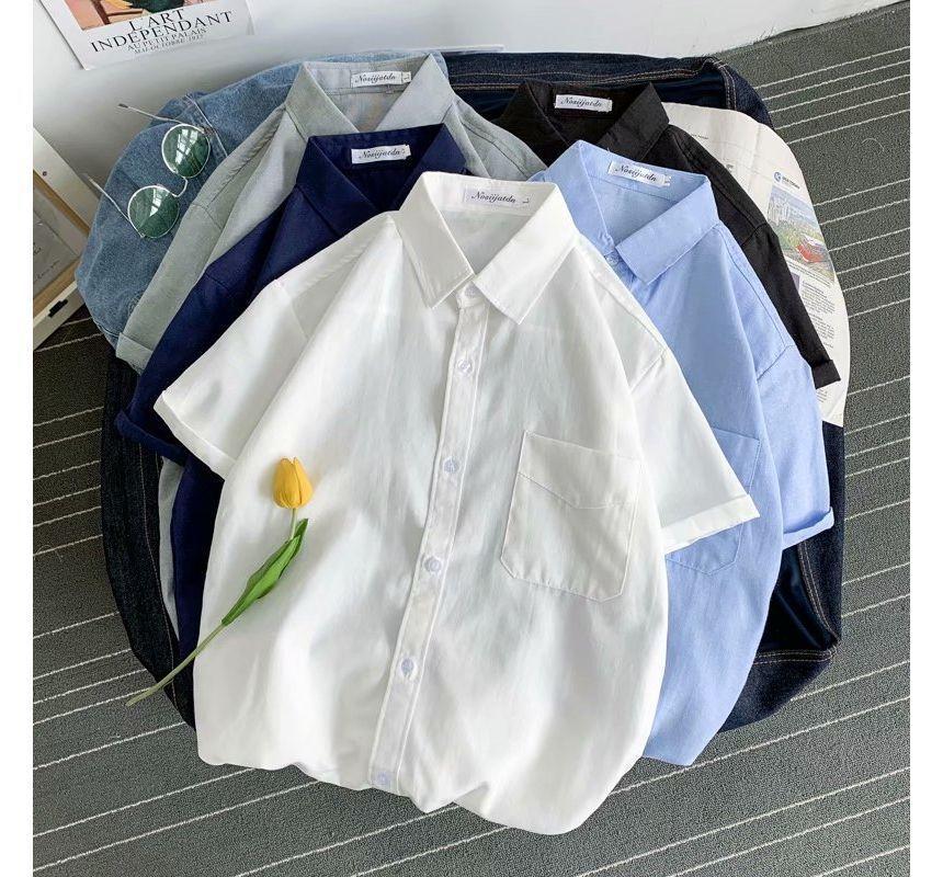 Short-Sleeve Collared Plain Shirt Product Image