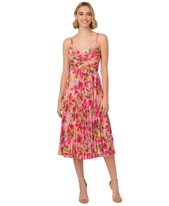 Adrianna Papell Womens Floral-Print Pleated Midi Dress - Pink Product Image