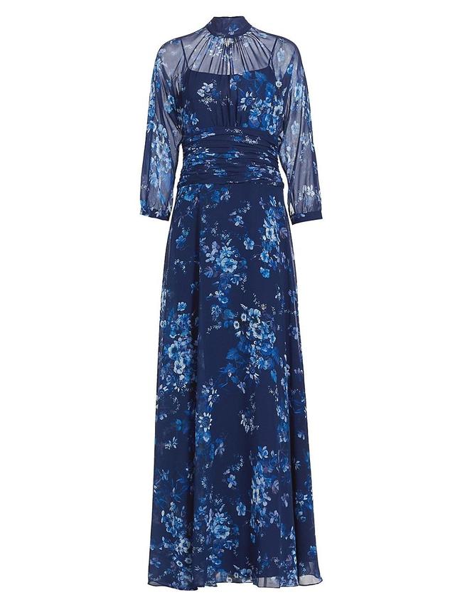 Floral-Print Turtleneck Chiffon Gown Product Image