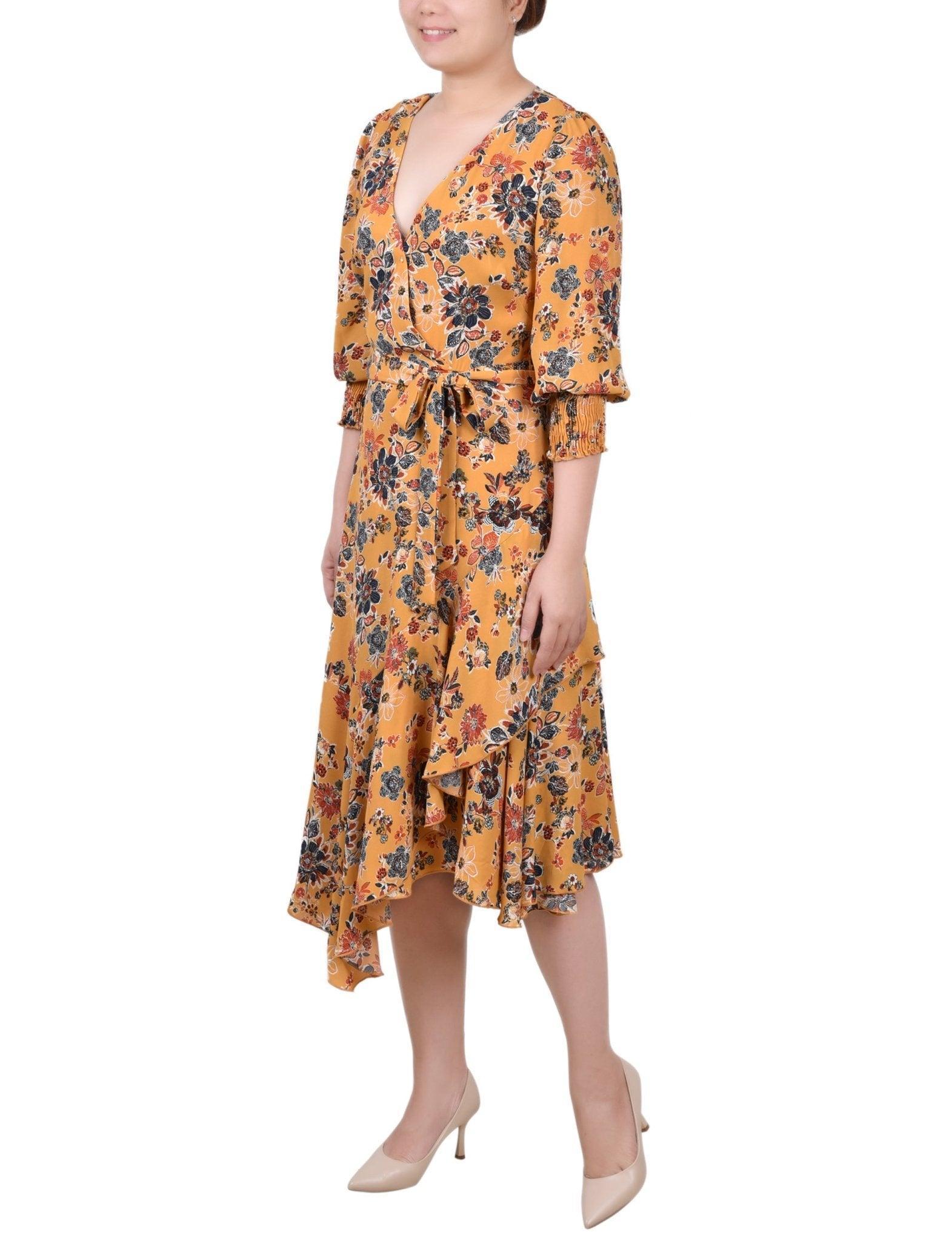 3/4 Length Sleeve Belted Chiffon Handkerchief Hem Dress - Petite Product Image