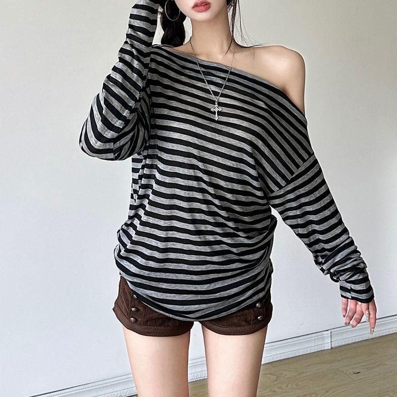 Long-Sleeve One-Shoulder Striped T-Shirt Product Image