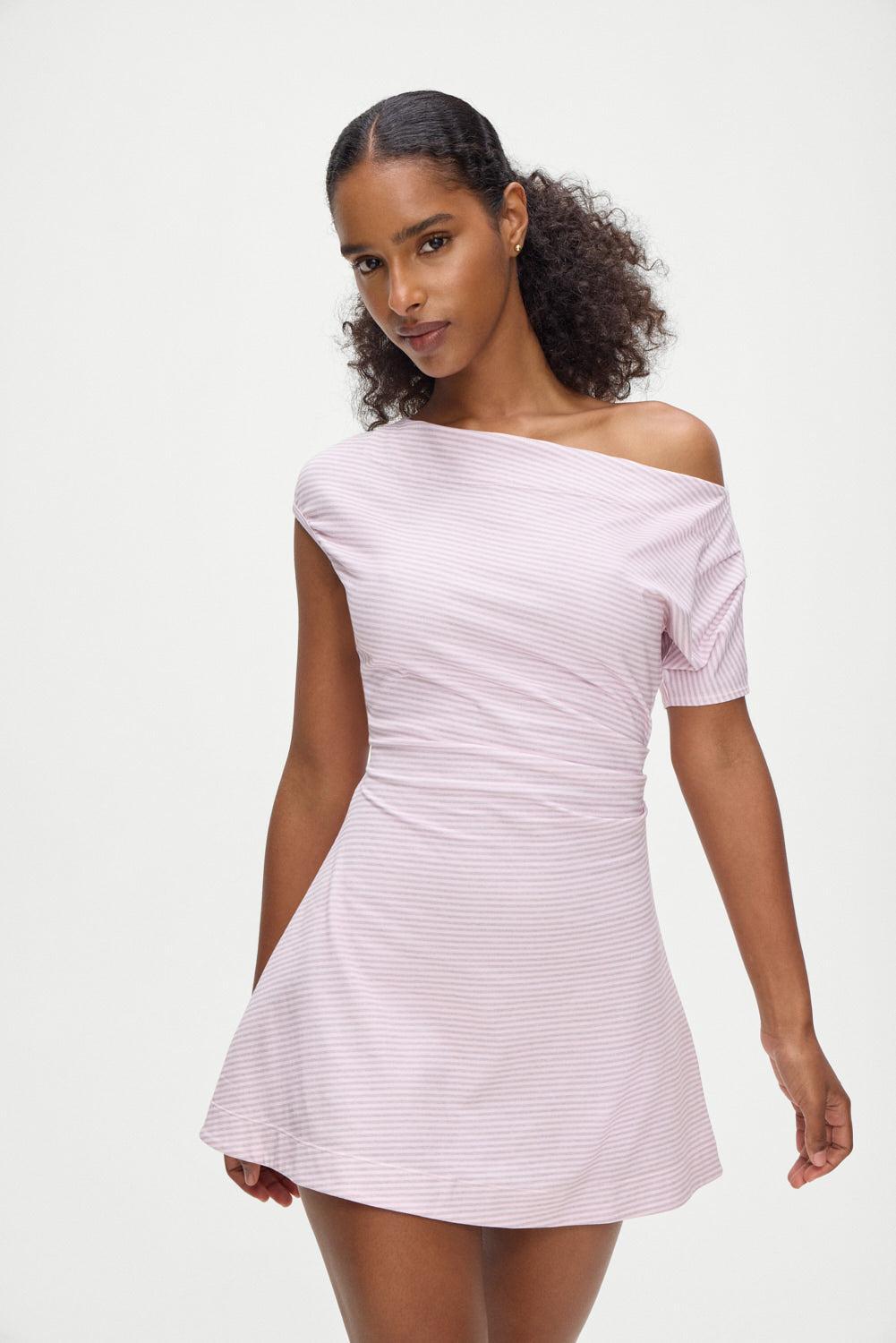 Roslyn Off Shoulder Mini Dress - Rosewater Stripe Product Image