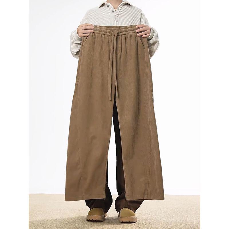 Drawstring Waist Plain Corduroy Wide Leg Pants Product Image