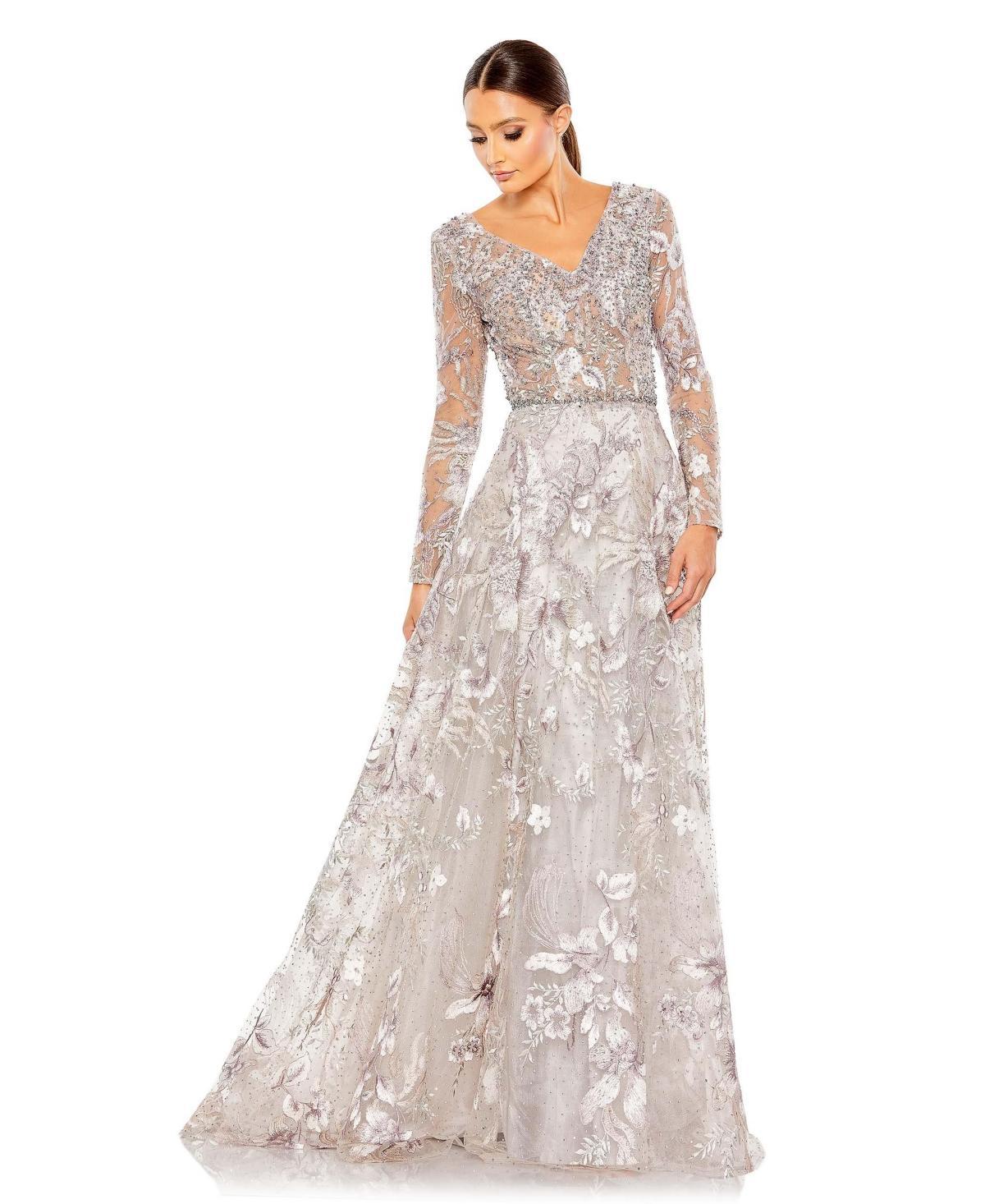 Mac Duggal Womens Long Sleeve Beaded Applique Gown Product Image