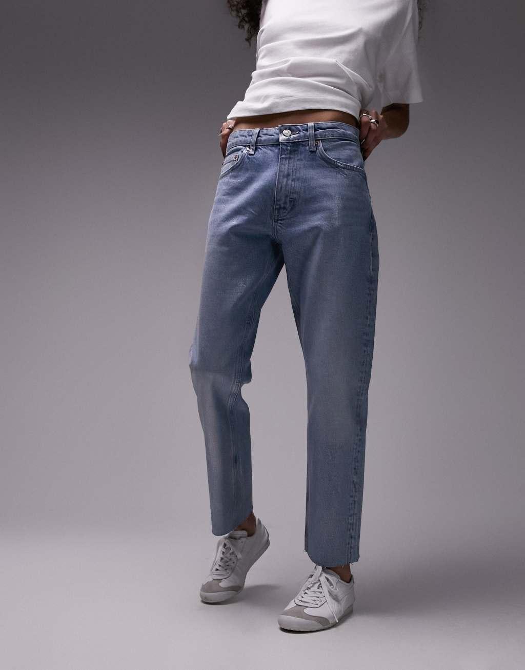 Topshop cropped mid rise foil straight jeans with raw hems in silver  Product Image