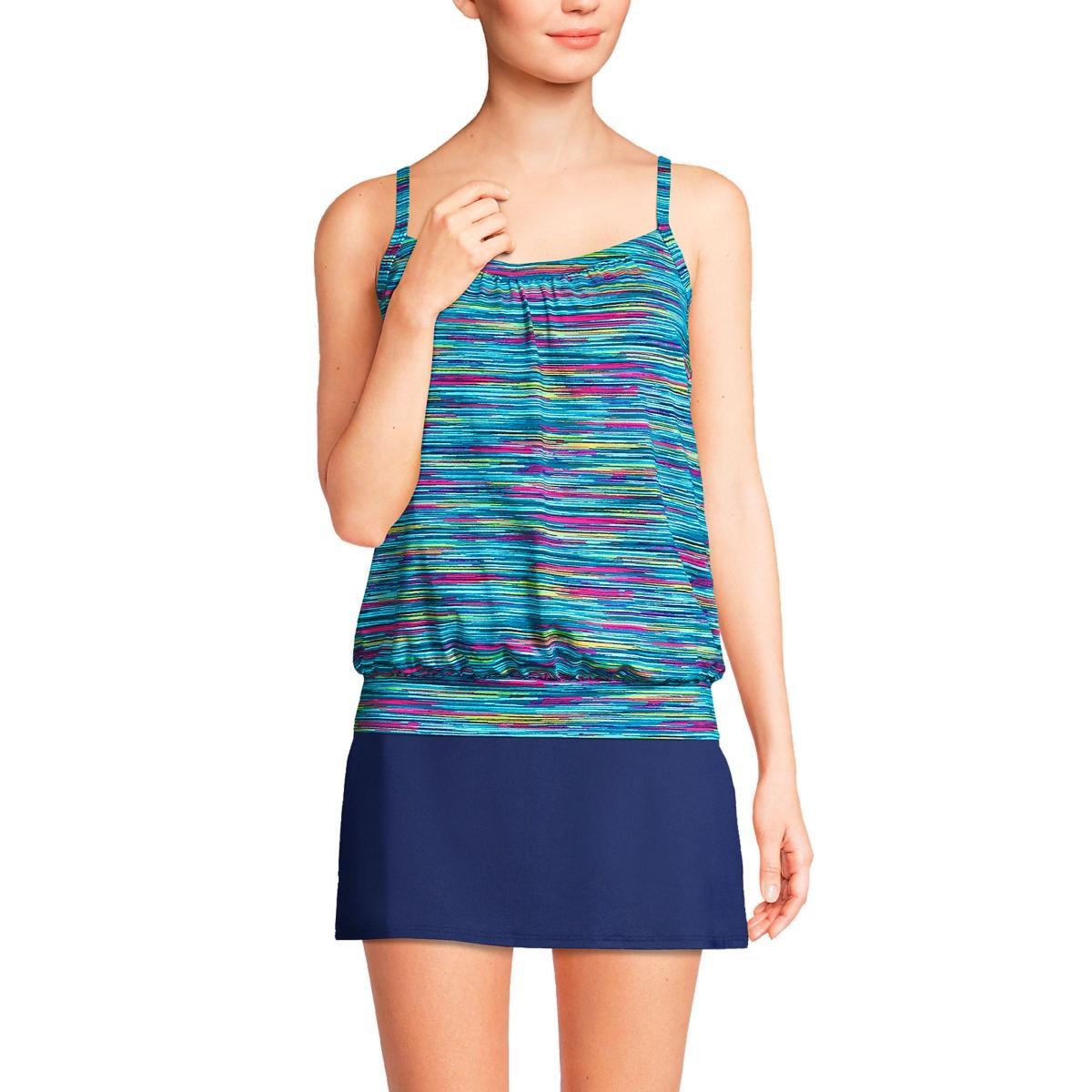 Lands End Womens Long Blouson Tummy Hiding Tankini Swimsuit Top Adjustable Straps - Electric blue multi Product Image