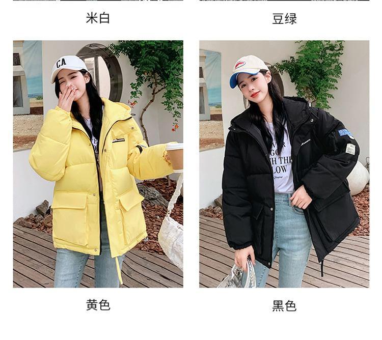 Hooded Lettering Patchwork Puffer Jacket Product Image