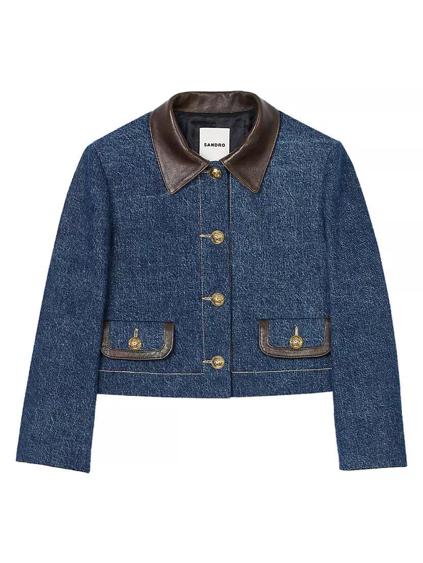 Denim Jacket with Leather Collar Product Image