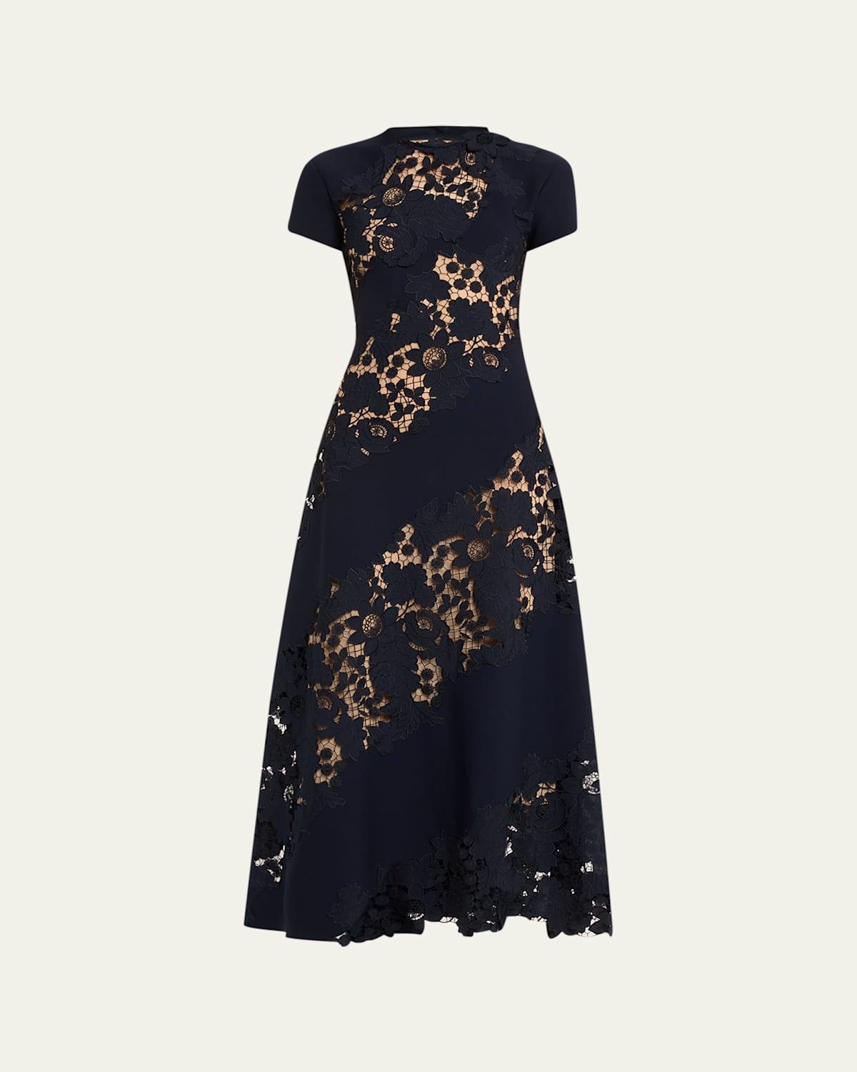 Oscar de la Renta Short Sleeve Lace Inset Midi Dress Product Image