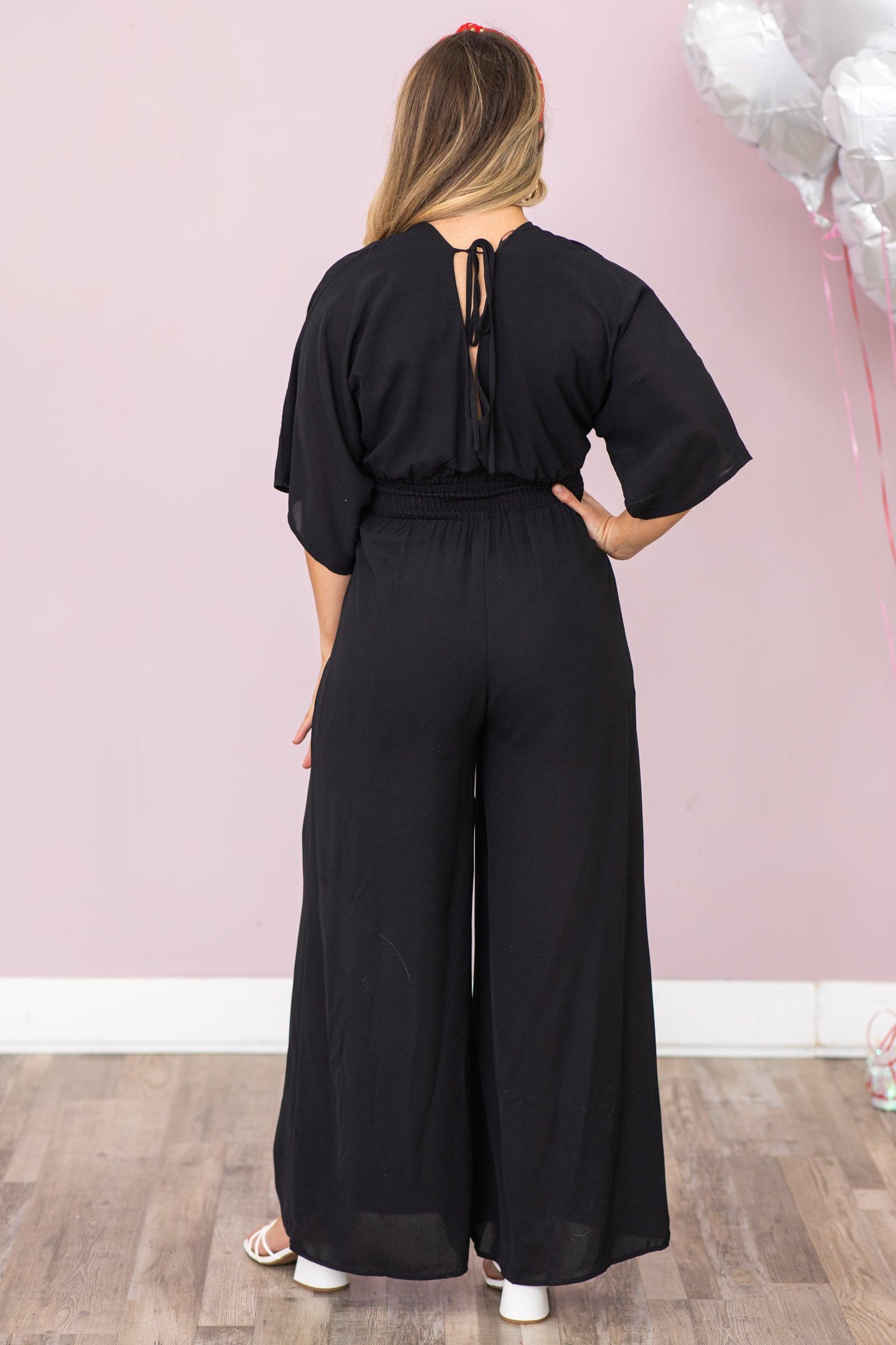 Black 3/4 Sleeve V-Neck Jumpsuit Product Image