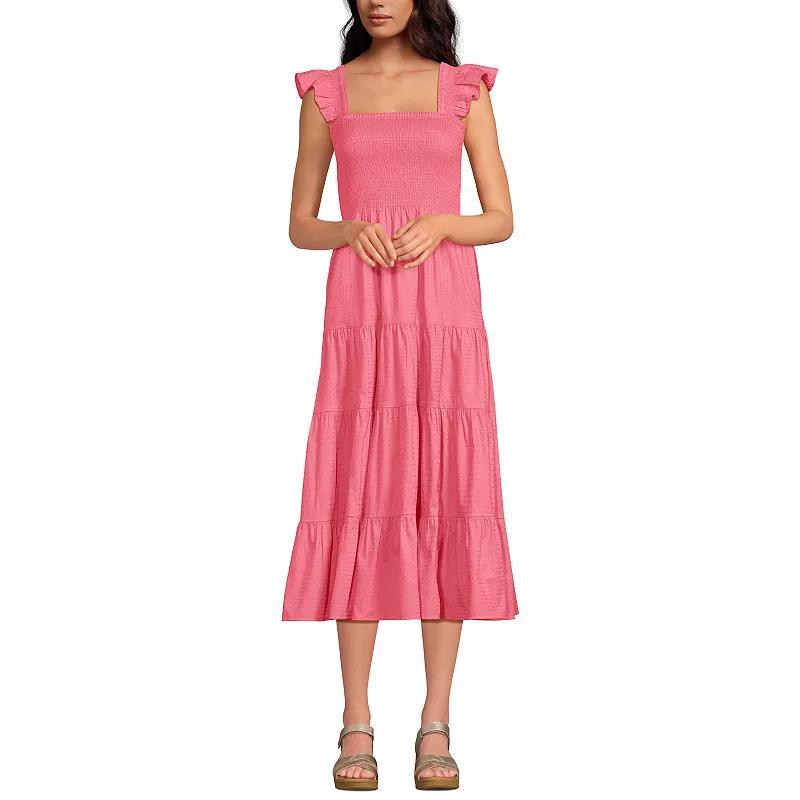 Womens Lands End Cotton Dobby Smocked Ruffle Shoulder Midi Dress Product Image