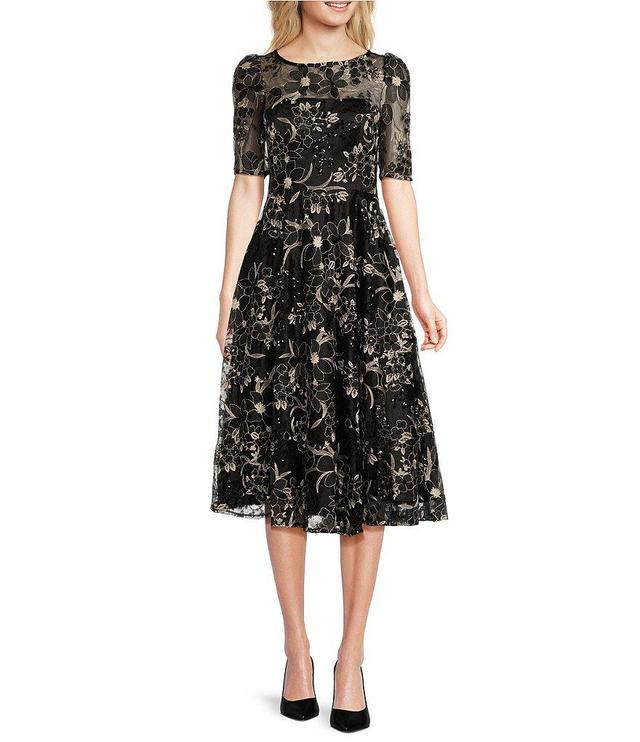 Eliza J Illusion Boat Neck Short Sleeve Sequin Embroidered Floral Lace A-Line Midi Dress Product Image