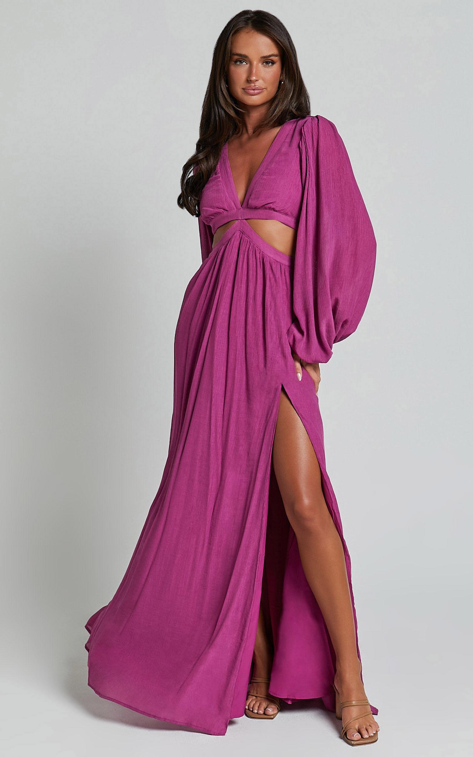 Paige Maxi Dress - Side Cut Out Balloon Sleeve Dress in Orchid Product Image