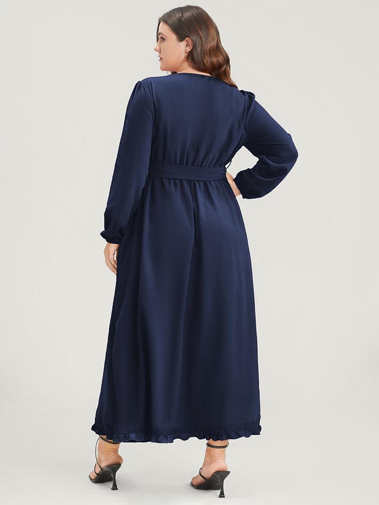 Solid Lantern Sleeve Pocket Frill Trim Wrap Belted Dress Product Image