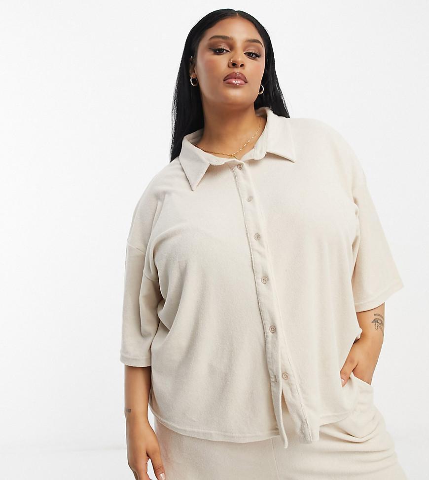 In The Style Plus towelling oversized beach shirt in cream - part of a set Product Image