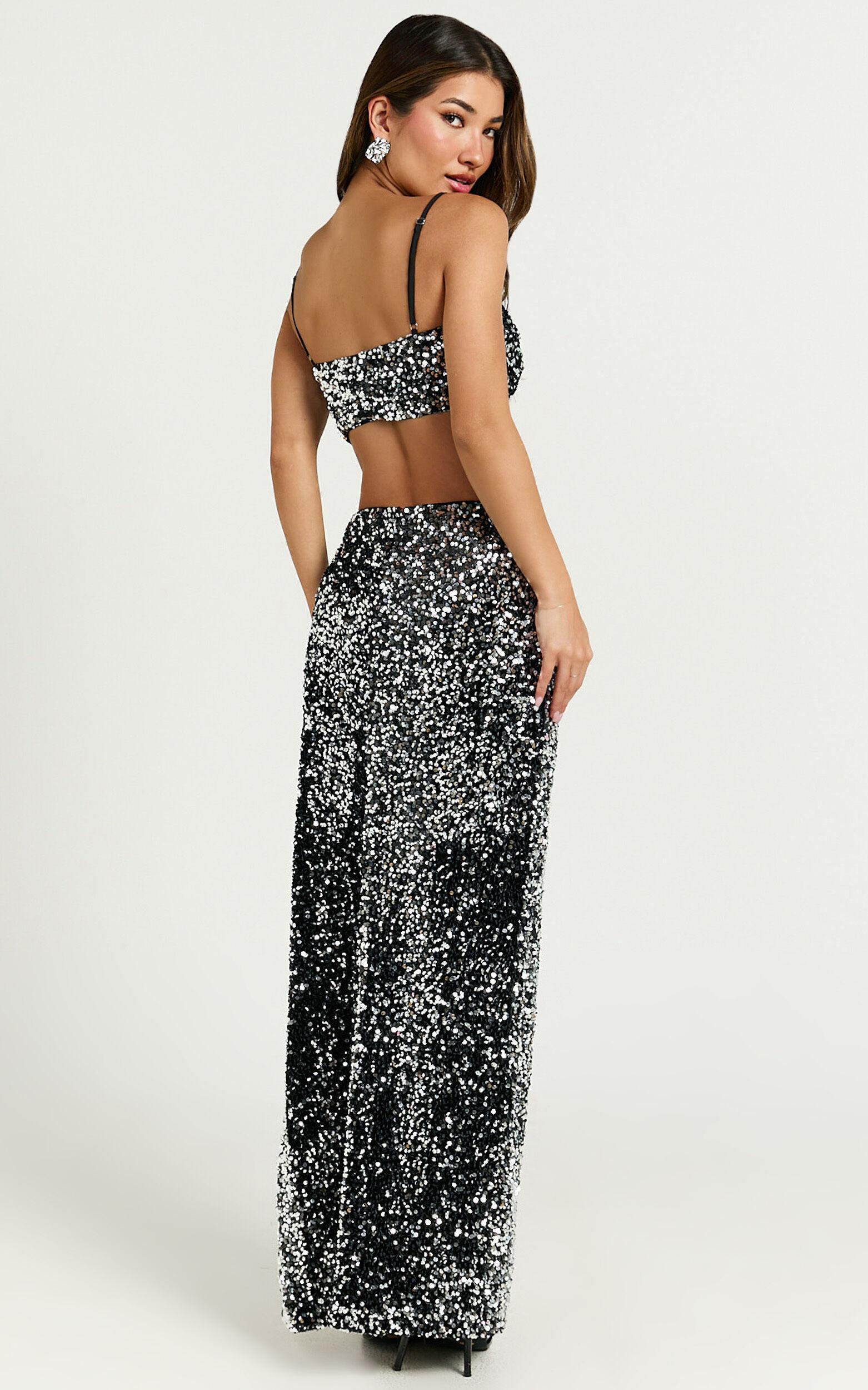 Carrey Two Piece Set - Cami Crop Top and Front Split Midi Skirt in Black and Silver Product Image