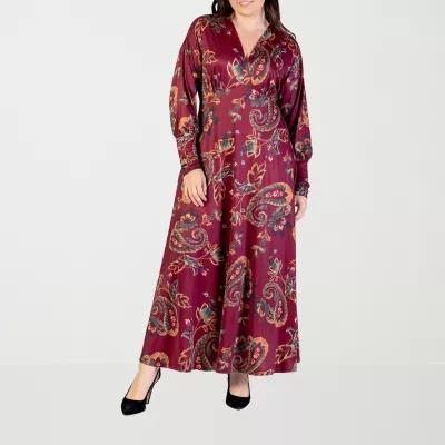 24seven Comfort Apparel Womens Long Sleeve Paisley Maxi Dress Plus Product Image