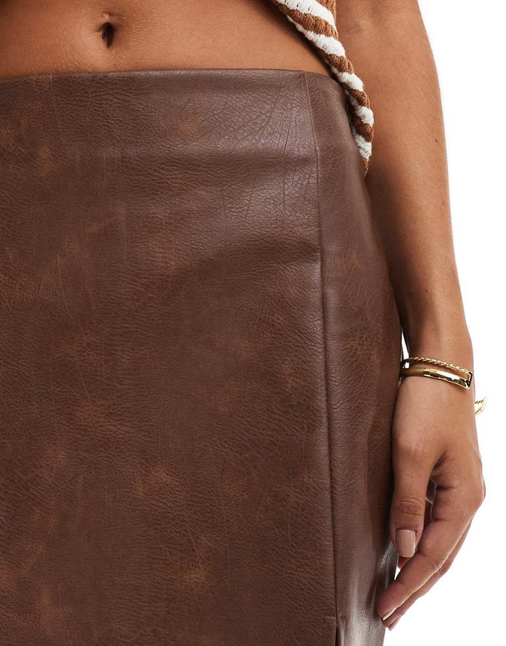 ASOS DESIGN slit front leather look mini skirt in washed brown Product Image