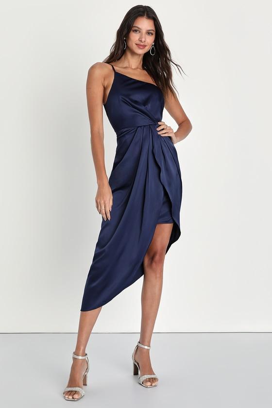 Law of Attraction Navy Blue One-Shoulder Asymmetrical Midi Dress product image