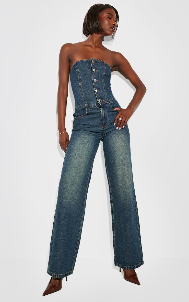 Tall Dark Indigo Bandeau Wide Leg Denim Jumpsuit Product Image