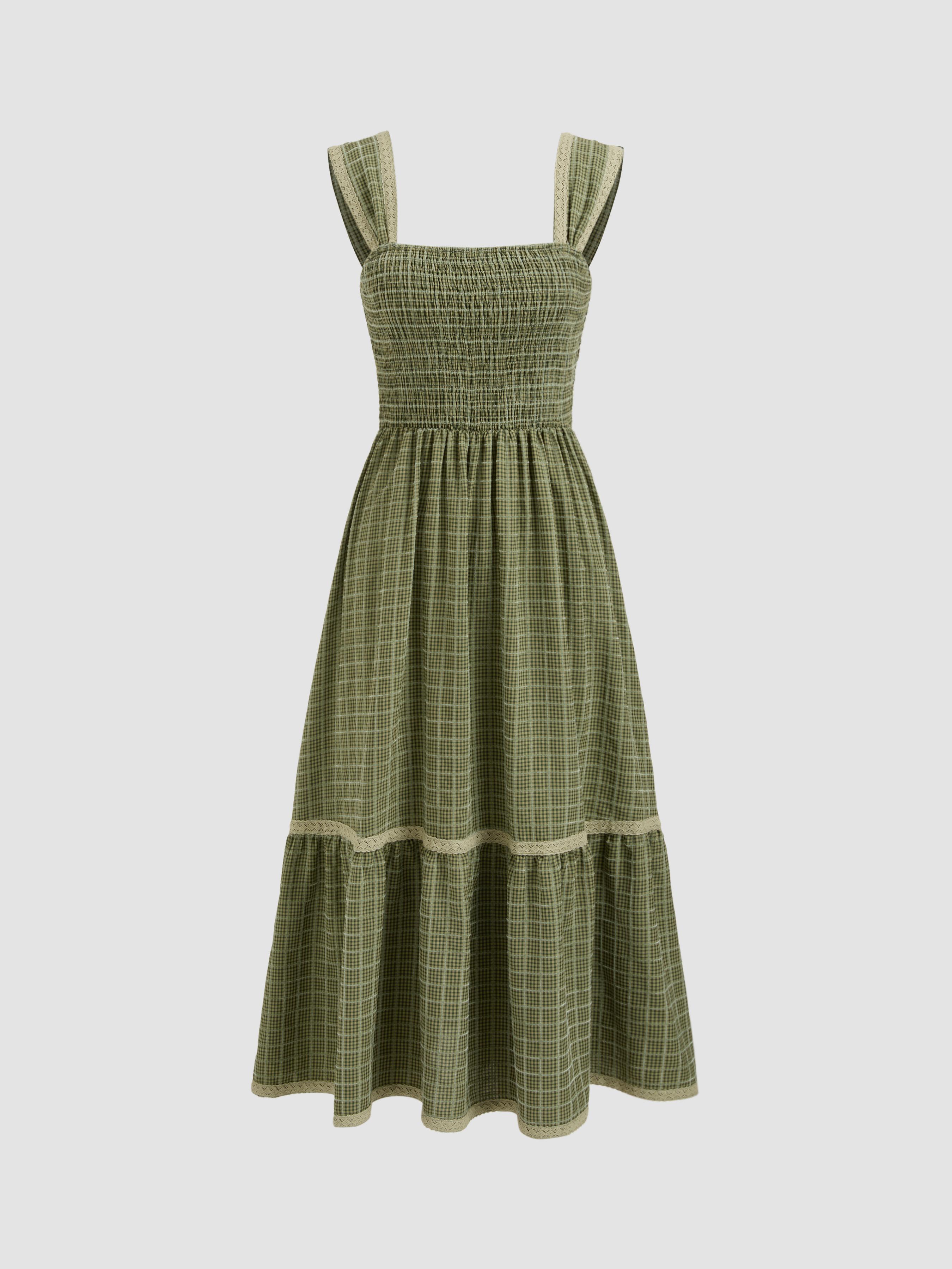 Square Neck Shirred Gingham Maxi Dress Product Image