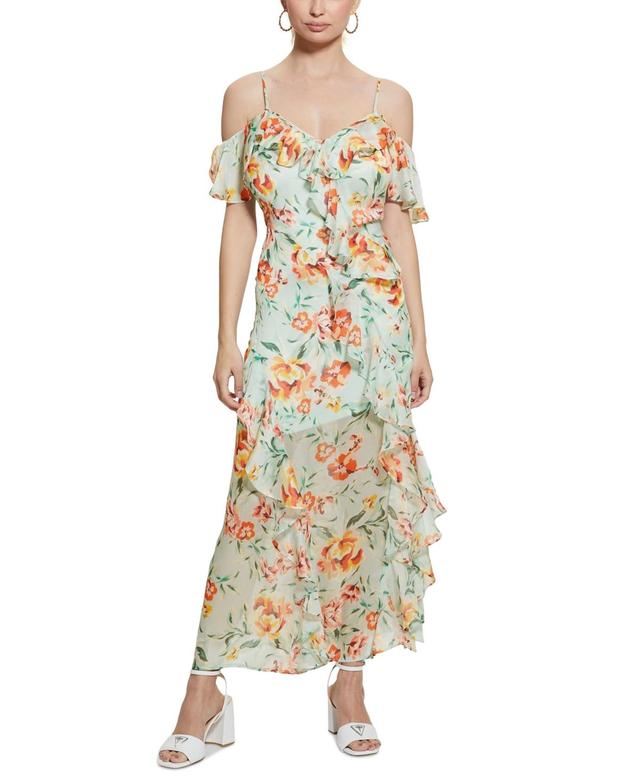 Guess Womens Meadows Floral Print Ruffled Maxi Dress Product Image