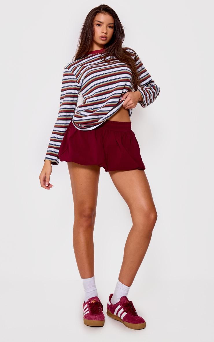  Burgundy Striped Contrast Collar Long Sleeve Top Product Image