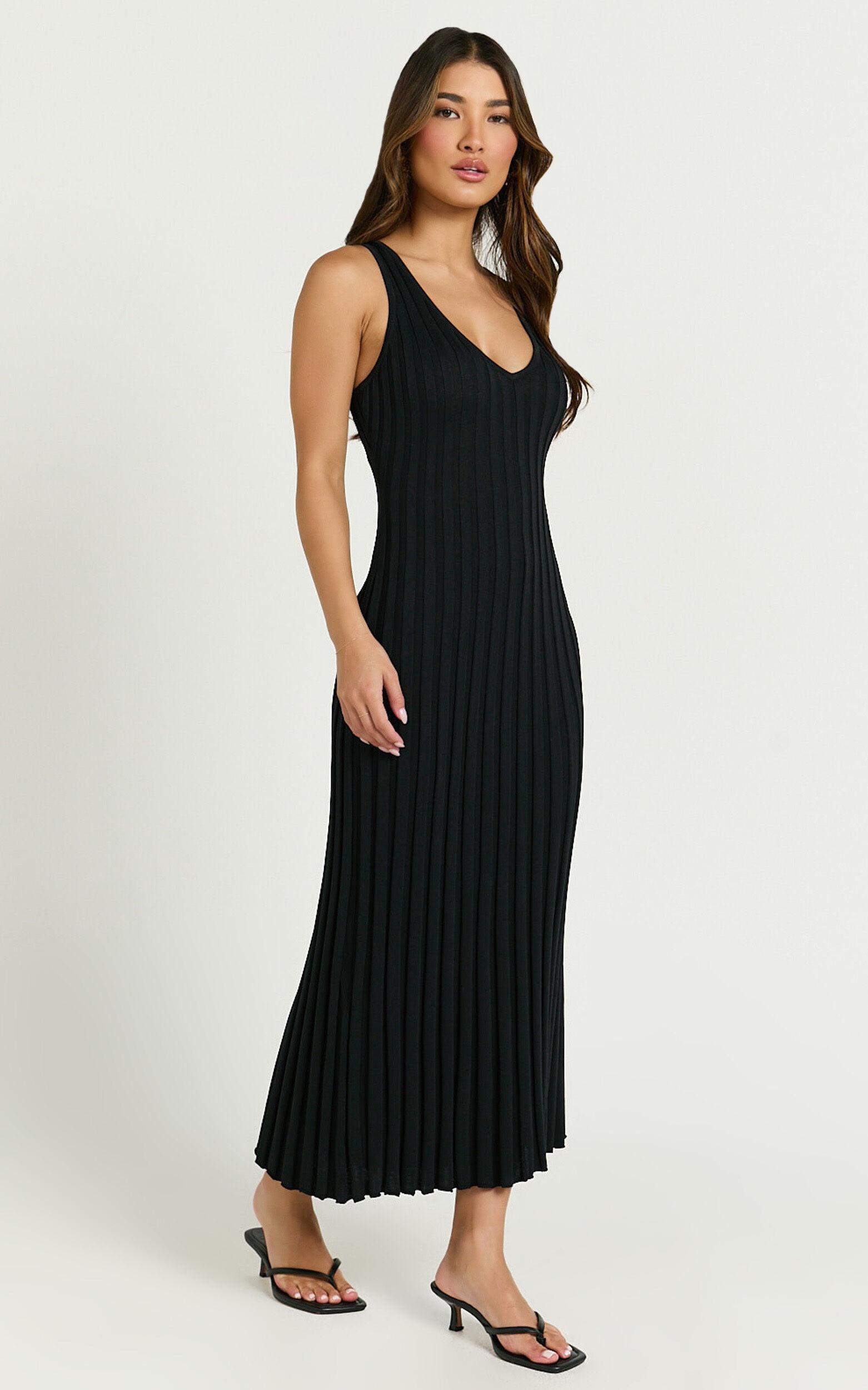 Maya Midi Knit Dress - Sleeveless V Neck Knited Dress in Black Product Image