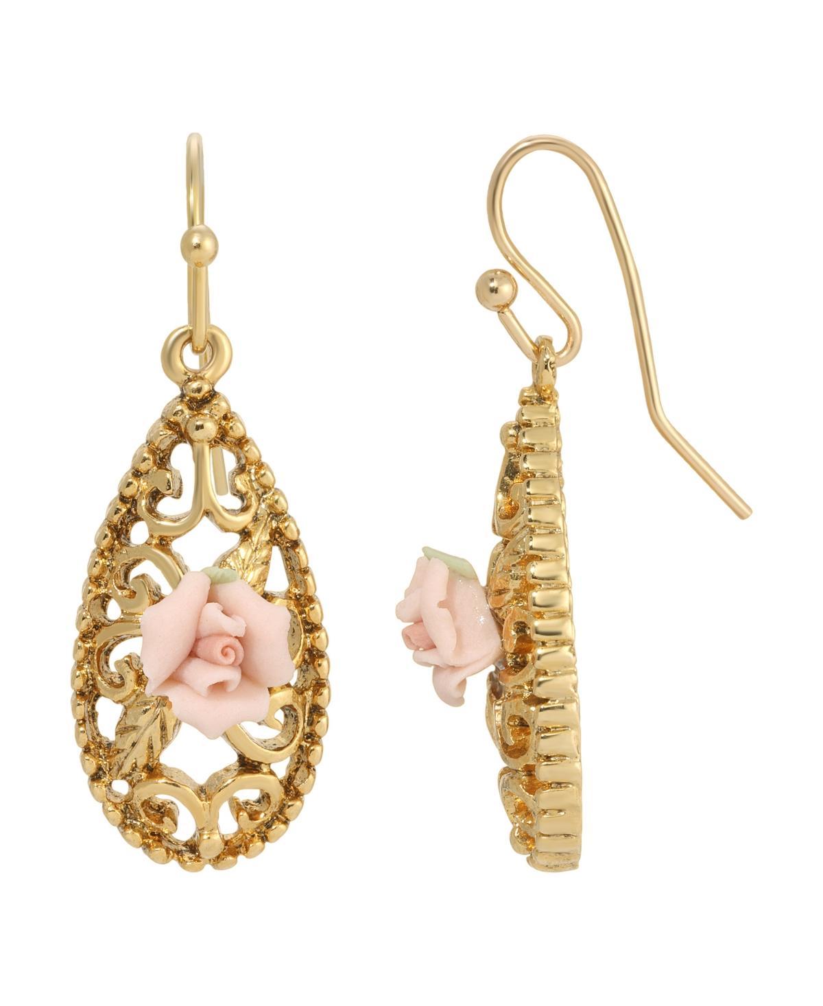 1928 Gold Tone Pink Porcelain Rose Drop Earrings, Womens Product Image