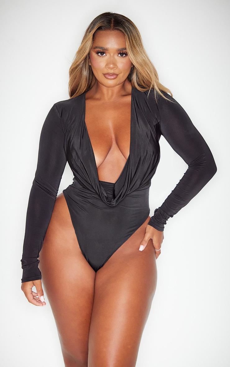 Shape Black Slinky Long Sleeve Low Plunge Bodysuit Product Image