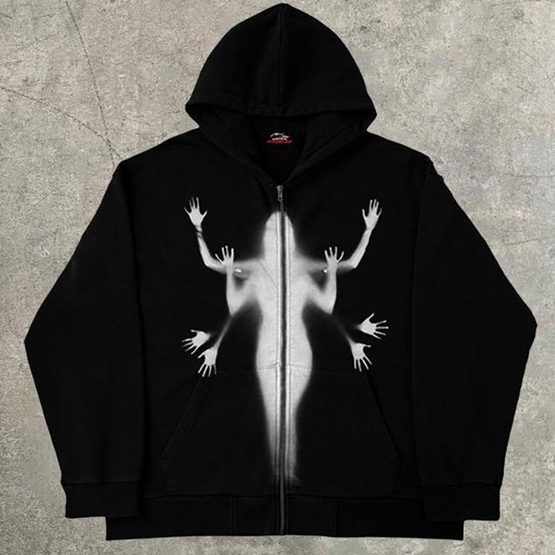 Sopula Vintage Too Many Shadow Graphic Street Hip Hop Oversized Zip Up Hoodie Product Image