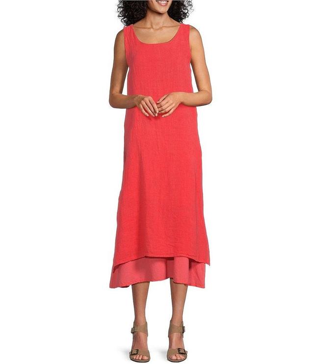 M Made In Italy Linen Scoop Neck Sleeveless Side Slit Layered Midi Shift Dress Product Image