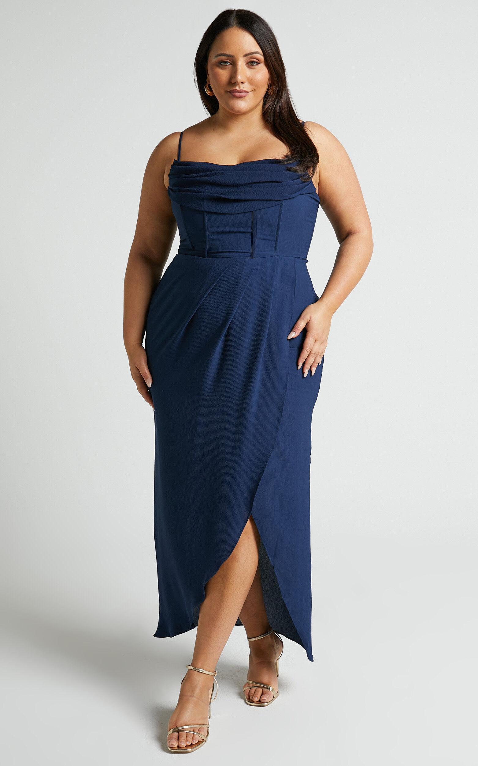 Andrina Midi Dress - High Low Wrap Corset Dress in Navy Product Image