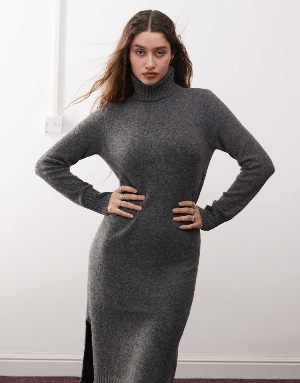 Noisy May high neck knit midi sweater dress in gray Product Image